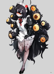 Rule 34 | 1girl, absurdres, alternate costume, anger vein, apron, black footwear, black gloves, black hair, colored sclera, commission, cyclops, elbow gloves, enmaided, full body, gazer (monster girl encyclopedia), gloves, highres, long hair, looking at viewer, maid, maid headdress, messy hair, monster girl, monster girl encyclopedia, my700, one-eyed, pale skin, pixiv commission, red eyes, red neckwear, simple background, solo, tentacles, very long hair, yellow sclera