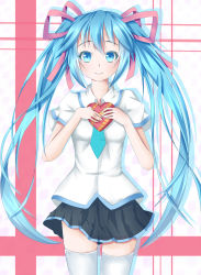 Rule 34 | 1girl, absurdres, blue eyes, blue hair, hair ribbon, hands on own chest, hatsune miku, heart, heart on chest, highres, long hair, matching hair/eyes, mero (3445036), mero (ly21207), ribbon, skirt, smile, solo, thighhighs, twintails, very long hair, vocaloid