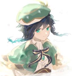 Rule 34 | 1boy, androgynous, beret, black hair, blue hair, bow, braid, brooch, closed mouth, collared cape, collared shirt, commentary request, corset, flower, fujito (call f ), gem, genshin impact, gradient hair, green eyes, green hat, hair flower, hair ornament, hat, hat flower, highres, jewelry, leaf, looking at viewer, male focus, multicolored hair, shirt, short hair with long locks, side braids, sidelocks, simple background, smile, solo, twin braids, venti (genshin impact), white background, white flower, white shirt
