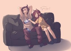 Rule 34 | 1boy, 1girl, :d, arms up, bare legs, black legwear, brown shirt, couch, demon girl, english text, fangs, happy, horns, long hair, nintendo switch, open mouth, orange shirt, original, pants, pillow, playing games, pointy ears, popopoka, red pants, shirt, sitting, slippers, smile, socks, speech bubble, teeth, upper teeth only