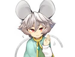 Rule 34 | 1girl, animal ears, capelet, commentary request, daitai konna kanji, grey hair, hand up, jewelry, long sleeves, looking at viewer, mouse ears, mouse tail, nazrin, pendant, red eyes, shirt, short hair, simple background, smile, solo, tail, touhou, upper body, waving, white background, white shirt