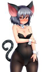 Rule 34 | 1girl, animal ears, bare shoulders, blush, breasts, cameltoe, choker, collarbone, covered navel, full-face blush, grey hair, highres, jewelry, leotard, looking at viewer, mouse ears, mouse tail, nazrin, nontraditional playboy bunny, pantyhose, pendant, peso (cheese company), playboy bunny, red eyes, solo, tail, touhou, wrist cuffs