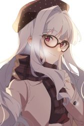 Rule 34 | 1girl, alternate costume, ap bar, beret, bespectacled, black hat, black scarf, finger to mouth, glasses, hand up, hat, highres, idolmaster, idolmaster (classic), jacket, long hair, long sleeves, looking at viewer, pink eyes, plaid, plaid scarf, scarf, shijou takane, sidelocks, silver hair, simple background, smile, solo, white background, white jacket