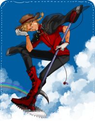 Rule 34 | 1boy, bad id, bad pixiv id, bandaid, bandaid on arm, bandaid on face, bandaid on nose, black pants, blonde hair, blouse, blue sky, boots, braid, braided ponytail, cloud, day, full body, gloves, hand up, hat, jacket, jacket on shoulders, male focus, mouth hold, outdoors, pants, rain, red footwear, red shirt, shirt, short sleeves, single braid, sky, solo, standing, straw hat, tools, touran-sai, vitaaaaan, weed whacker, white gloves