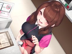 Rule 34 | 1girl, barcode scanner, black panties, black shirt, black skirt, blush, breast pocket, breasts, brown hair, cashier, clothes lift, employee uniform, highres, holding, large breasts, lifting own clothes, lips, looking at viewer, navel, non-web source, open mouth, original, panties, pocket, pokachu, red eyes, scanner, shirt, short sleeves, skirt, skirt lift, smile, solo, standing, tile floor, tiles, underwear, uniform, zipper, zipper pull tab