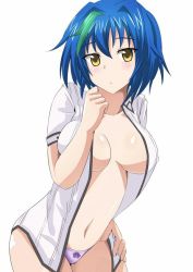 Rule 34 | 10s, 1girl, blue hair, breasts, female focus, high school dxd, large breasts, open clothes, open shirt, panties, shirt, short hair, solo, standing, underwear, xenovia quarta, yellow eyes