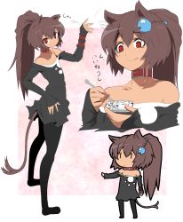 Rule 34 | 1girl, :3, :p, animal ears, bare shoulders, belt, blush, brown hair, cat ears, cat tail, chibi, collar, eating, fish, hair ornament, kara age, long hair, long sleeves, looking back, multiple views, nekomata, original, ponytail, red eyes, simple background, sleeves past wrists, smile, standing, tail, tongue, tongue out, white background