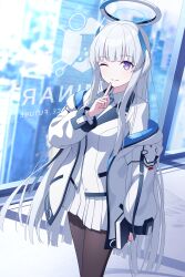 Rule 34 | 1girl, absurdres, black pantyhose, blue archive, blue necktie, blush, collared shirt, cowboy shot, formal, grey hair, halo, highres, indoors, jacket, long hair, long sleeves, looking at viewer, mechanical halo, necktie, noa (blue archive), one eye closed, open clothes, open jacket, open mouth, pantyhose, pleated skirt, purple eyes, rankebu, shirt, skirt, smile, solo, suit, two-sided fabric, two-sided jacket, white jacket, white shirt, white skirt
