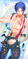 Rule 34 | 10s, 1boy, bathtub, blue eyes, blue hair, butterfly wings, flower, free!, glasses, insect wings, male focus, matching hair/eyes, muscular, no nipples, nrrr, open clothes, open shirt, pants, pectorals, ryuugazaki rei, school uniform, shirt, solo, uniform, water, wet, wet clothes, wings