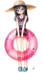 Rule 34 | 10s, 1girl, asashio (kancolle), bare shoulders, black hair, blue eyes, blush, crocs, gotou hisashi, hat, head tilt, highres, holding, innertube, kantai collection, long hair, looking at viewer, one-piece swimsuit, open mouth, sandals, school swimsuit, signature, solo, straw hat, swim ring, swimsuit