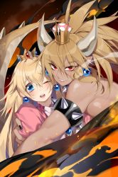 Rule 34 | 2girls, armlet, bare shoulders, black dress, blonde hair, blue eyes, blush, bowsette, breast press, collar, commentary, crown, dark-skinned female, dark skin, deathalice, dress, earrings, embers, english commentary, fangs, fiery background, fire, gloves, hair between eyes, highres, holding person, horns, jewelry, lips, long hair, looking at viewer, mario (series), multiple girls, nail polish, new super mario bros. u deluxe, nintendo, one eye closed, open mouth, pink dress, pointy ears, ponytail, princess peach, red eyes, sharp teeth, sidelocks, smile, smoke, smoke trail, spiked armlet, spiked collar, spiked tail, spikes, super crown, tail, tearing up, teeth, thick eyebrows, toned, upper body, v-shaped eyebrows, very long hair, white gloves