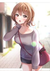 Rule 34 | 1girl, bag, black shorts, blush, brown eyes, brown hair, flying sweatdrops, grey sweater, hand on own neck, highres, jewelry, leaning forward, long sleeves, looking at viewer, materu (2532), medium hair, necklace, open mouth, original, short hair, shorts, shoulder bag, solo, sweater