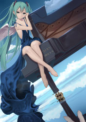 Rule 34 | 1girl, 2022, aqua hair, bare legs, barefoot, blue dress, blue ribbon, breasts, character name, chinese commentary, cleavage, closed mouth, collarbone, commentary request, dated, dress, dutch angle, feet, green eyes, hair between eyes, hair ornament, hatsune miku, highres, instrument, lco, long dress, long hair, looking at viewer, mixed-language commentary, piano, raimeso235, reflection, reflective water, revealing clothes, ribbon, sideboob, sleeveless, sleeveless dress, small breasts, solo, toes, twintails, very long hair, vocaloid