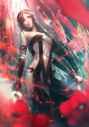 Rule 34 | 1girl, arm strap, bare shoulders, black dress, black gloves, blurry, blurry foreground, breasts, brown hair, center opening, choker, collarbone, commentary request, depth of field, dress, dual wielding, ear piercing, earrings, elbow gloves, fate/grand order, fate (series), floating hair, glint, gloves, highres, holding, holding sword, holding weapon, jewelry, light particles, light rays, long hair, looking at viewer, medium breasts, multiple earrings, navel, nina (ninageya), petals, piercing, red eyes, revealing clothes, revision, sidelocks, solo, strapless, strapless dress, sword, very long hair, weapon, wind, yu mei-ren (fate)