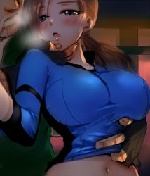 Rule 34 | 1girl, blue eyes, blush, breasts, brown hair, chris redfield, clothes lift, daijoubu? oppai momu?, fingernails, half-closed eyes, hand on another&#039;s face, hat, heavy breathing, hetero, imminent kiss, jill valentine, large breasts, looking at another, nagare, navel, open mouth, out-of-frame censoring, resident evil, resident evil 5, shirt lift, uniform, upper body