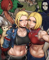 Rule 34 | 4girls, abs, animal, animal on shoulder, arc system works, arm around neck, ayaki blade, beast boy (dc), black collar, blonde hair, blue eyes, blue jacket, blue mary, breasts, cammy white, capcom, cat, collar, colored skin, commentary request, cropped jacket, crossover, dark-skinned female, dark skin, dc comics, dog, facial scar, fatal fury, fence, fingerless gloves, giovanna (guilty gear), gloves, grass, green eyes, grey skin, groin, guilty gear, hair over one eye, highres, jacket, long neck, medium breasts, multiple crossover, multiple girls, navel, one eye closed, poop, purple eyes, raven (dc), red hair, scar, scar on cheek, scar on face, selfie, smile, snk, sports bra, street fighter, street fighter 6, teen titans, the king of fighters, toned, twitter username, v, watermark