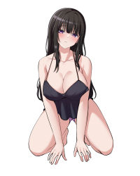 Rule 34 | 1girl, arm support, bang dream!, bare arms, bare legs, bare shoulders, barefoot, black camisole, black hair, blush, breasts, camisole, cleavage, closed mouth, collarbone, full body, head tilt, highres, kneeling, large breasts, long hair, looking at viewer, panties, ptal, purple eyes, purple panties, shirokane rinko, short shorts, shorts, sidelocks, simple background, solo, spaghetti strap, underwear, underwear only, white background