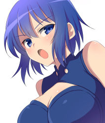 Rule 34 | 1girl, bare shoulders, blue eyes, blue hair, breasts, ciel (tsukihime), cleavage, highres, itsuka neru, large breasts, looking at viewer, open mouth, short hair, simple background, solo, tsukihime, upper body, white background