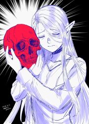 Rule 34 | 1girl, blonde hair, breasts, closed eyes, dungeon meshi, elf, falin touden, hair down, highres, holding, holding skull, long hair, long sleeves, marcille donato, pointy ears, sad, signature, simple background, skull, small breasts, solo, spoilers, twitter username, yuri kyanon