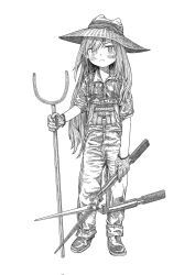 Rule 34 | 1girl, :t, blush, boots, farmer, full body, gloves, greyscale, hat, highres, holding, holding stick, kilsturgeon, long hair, monochrome, overalls, pole, shears, shimeji simulation, simple background, solo, stick, the gardener (shimeji simulation), very long hair, white background