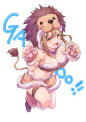 Rule 34 | 1girl, :d, animal costume, animal hands, bandeau, boots, breasts, brown hair, cleavage, fang, fangs, fringe trim, full body, fur-trimmed bandeau, fur-trimmed boots, fur-trimmed gloves, fur-trimmed skirt, fur trim, gao, gloves, highres, kanabun, knee boots, kunikida hanamaru, large breasts, lion costume, lion hood, lion tail, long hair, looking at viewer, love live!, love live! sunshine!!, neckerchief, open mouth, paw gloves, purple neckerchief, skirt, smile, solo, tail, thick eyebrows, thigh strap, v-shaped eyebrows, white background, yellow eyes