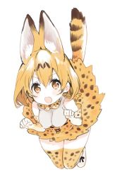 Rule 34 | &gt;:d, 10s, 1girl, :d, animal ears, blonde hair, bow, bowtie, breasts, cat ears, cat tail, jpeg artifacts, kemono friends, nakayama miyuki, open mouth, paw pose, serval (kemono friends), serval tail, simple background, skirt, smile, solo, tail, thighhighs, v-shaped eyebrows, white background, yellow eyes, zettai ryouiki