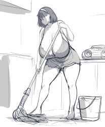 Rule 34 | 1girl, absurdres, bare legs, barefoot, boombox, breasts, bucket, cleavage, closed mouth, erkaz, female focus, gigantic breasts, greyscale, highres, holding, holding mop, huge breasts, indoors, monochrome, mop, original, rina atherina, short hair, sketch, solo, standing