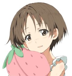 Rule 34 | 1girl, brown eyes, brown hair, commentary, girls und panzer, holding, holding pillow, kayabakoro, looking at viewer, maruyama saki, open mouth, pillow, portrait, short hair, simple background, sleepwear, smile, solo, strawberry-shaped pillow, white background