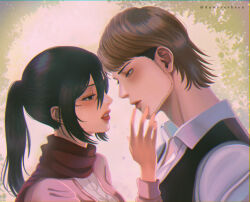 1boy 1girl artist_name beard black_eyes black_hair blush brown_hair commentary dawnrosheen english_commentary facial_hair highres jean_kirstein lips long_hair long_sideburns long_sleeves low_ponytail mikasa_ackerman multicolored_hair official_alternate_costume official_alternate_hairstyle ponytail red_lips red_scarf scarf shingeki_no_kyojin shirt short_hair sideburns teeth tumblr_username two-tone_hair white_shirt