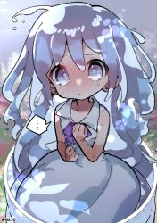 Rule 34 | ..., 1girl, absurdres, blue eyes, blush, cup, dress, female focus, highres, in container, in cup, key 961, liquid hair, looking at viewer, merc (merc storia), merc storia, monster girl, sleeveless, sleeveless dress, slime girl, solo, spoken ellipsis, tareme, twitter username, white dress