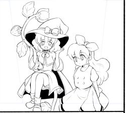 Rule 34 | 1980s (style), 2girls, bad id, bad twitter id, bow, cape, capelet, commentary request, curly hair, ellen (touhou), flower, greyscale, hair bow, hat, hat bow, kirisame marisa, kirisame marisa (pc-98), long hair, long sleeves, mary janes, monochrome, multiple girls, oldschool, plant, puffy short sleeves, puffy sleeves, retro artstyle, shirt, shoes, short sleeves, sitting, skirt, socks, takemoto izumi (style), touhou, touhou (pc-98), very long hair, vest, wide sleeves, witch, witch hat, yatyou
