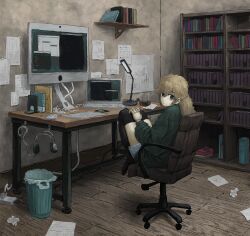 Rule 34 | 1girl, absurdres, black thighhighs, blonde hair, blue eyes, bookshelf, chair, computer, desk, headphones, highres, indoors, keyboard (computer), knees up, laptop, long hair, looking at viewer, monitor, muted color, office chair, original, paper, shuzoun2501, solo, swivel chair, thighhighs, trash can, wide shot, wooden floor