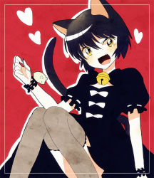 Rule 34 | 1girl, :3, animal ears, bell, black dress, black hair, black thighhighs, cat ears, cat girl, cat tail, collar, dress, fang, frilled dress, frills, heart, holding, kyou (karankoron), kyoukai no rinne, lace, lace-trimmed legwear, lace trim, looking at viewer, mouse (animal), neck bell, open mouth, puffy short sleeves, puffy sleeves, red background, scrunchie, short hair, short sleeves, sitting, smile, solo, suzu (kyoukai no rinne), tail, thighhighs, wrist scrunchie, yellow eyes
