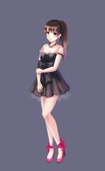 Rule 34 | 1girl, alternate costume, ankle bow, ankle ribbon, arm grab, bare legs, black bow, black dress, blush, bow, breasts, brown eyes, brown hair, c:, closed mouth, dress, female focus, formal, full body, grey background, high heels, katou megumi, leg ribbon, legs, long hair, looking at viewer, medium breasts, neck, pink bow, pink footwear, ponytail, pumps, ribbon, saenai heroine no sodatekata, see-through, short dress, short sleeves, simple background, smile, solo, standing, sylnice