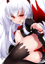 Rule 34 | 1girl, :p, ass, bat wings, black shirt, black skirt, black thighhighs, bra, breasts, clothes lift, commentary request, demon girl, from behind, grim aloe, highres, horns, lifting own clothes, long hair, looking back, lying, naughty face, navel, on side, open clothes, open shirt, panties, quiz magic academy, quiz magic academy the world evolve, red bra, red eyes, red panties, shimejinameko, shirt, skirt, skirt lift, small breasts, smile, solo, thighhighs, tongue, tongue out, twintails, underwear, very long hair, white hair, wings