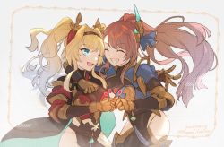 Rule 34 | 2girls, armor, beatrix (granblue fantasy), blonde hair, blue eyes, blush, breasts, cleavage, eyewear on head, flower, granblue fantasy, hair intakes, hairband, hibiscus, long hair, multiple girls, open mouth, polearm, ponytail, red armor, shawl, smile, smilr, spear, sunglasses, twintails, weapon, youmicitrustea, zeta (granblue fantasy)