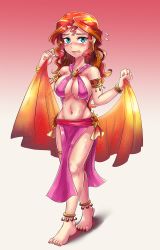 Rule 34 | 1girl, anklet, aqua eyes, barefoot, belly dancer, blush, breasts, cleavage, collarbone, commentary, curly hair, dancer, embarrassed, flying sweatdrops, harem outfit, highres, holding, iojknmiojknm, jewelry, looking at viewer, midriff, multicolored hair, my little pony, my little pony: equestria girls, my little pony: friendship is magic, nail polish, navel, open mouth, personification, sidelocks, solo, sunset shimmer, sweat, toenail polish, toenails, toes, veil
