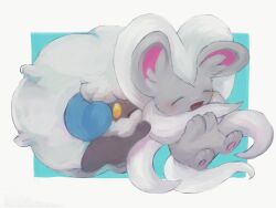Rule 34 | ^ ^, alternate color, animal focus, big hair, blue background, blush, border, butter (oshi8kyoumoh), cinccino, closed eyes, creatures (company), fluffy, full body, game freak, gen 5 pokemon, grey hair, hands up, happy, highres, long hair, looking at another, nintendo, no humans, open mouth, orange eyes, outside border, pawpads, pokemon, pokemon (creature), shiny pokemon, simple background, smile, very long hair, whimsicott, white border