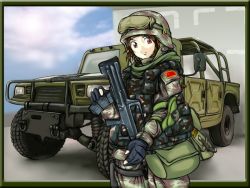 Rule 34 | 1girl, assault rifle, battlefield (series), battlefield 2, brown hair, bullpup, camouflage, car, china, gloves, gun, helmet, jeep, lishaoquan, load bearing vest, looking at viewer, military, military vehicle, motor vehicle, qbz-95, red eyes, rifle, short hair, soldier, solo, type 95, vehicle, vest, weapon