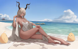 Rule 34 | absurdly long hair, absurdres, azur lane, beach, blonde hair, blue sky, braid, breasts, brown horns, dark-skinned female, dark skin, day, full body, grey eyes, hair over one eye, hand on own knee, highres, horn ornament, horns, kong zhizen, large breasts, large horns, long hair, looking at viewer, manjuu (azur lane), ocean, official alternate costume, one-piece swimsuit, one eye covered, outdoors, owari (azur lane), owari (shimmering forsythia) (azur lane), sand, side braid, sitting, sky, smile, swimsuit, thighlet, twin braids, very long hair, water, white one-piece swimsuit