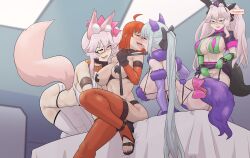 Rule 34 | 4girls, ahoge, animal ear fluff, animal ears, ass, bed sheet, black bow, blush, bow, cleft of venus, clothes lift, collar, cosplay, covered erect nipples, cross pasties, dual persona, elbow gloves, eye contact, fate/grand order, fate (series), female masturbation, female pubic hair, fff threesome, fingering, florence nightingale (fate), florence nightingale (trick or treatment) (fate), florence nightingale (trick or treatment) (fate) (cosplay), fox ears, fox girl, fox tail, french kiss, fujimaru ritsuka (female), glasses, gloves, group sex, hair bow, half-closed eyes, hand on another&#039;s chin, harem, highres, kiss, koyanskaya (assassin) (second ascension) (fate), koyanskaya (fate), leash, leash pull, lifted by self, long hair, looking at another, mash kyrielight, mash kyrielight (dangerous beast), mash kyrielight (dangerous beast) (cosplay), masturbation, morgan le fay (fate), multiple girls, open mouth, pasties, pink bow, pubic hair, pussy, saliva, short hair, sitting, skirt, skirt lift, smile, tail, tamamo (fate), thighhighs, threesome, toes, tongue, tongue out, ukaya masaru, uncensored, very long hair, watching, yuri