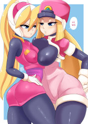 Rule 34 | 2018, 2girls, :t, absurdres, annoyed, ass, asymmetrical docking, black legwear, blonde hair, blue background, blue eyes, bodystocking, border, breast envy, breast press, breasts, ciel (mega man), covered erect nipples, cowboy shot, curvy, eye contact, female focus, gloves, hair between eyes, hand on own hip, hat, headgear, highres, hip focus, impossible clothes, large breasts, long hair, looking at another, medium breasts, mega man (series), mega man zero (series), mega man zx, miniskirt, multiple girls, outside border, pantyhose, pink skirt, pout, prairie (mega man), simple background, skin tight, skirt, smile, speech bubble, thick thighs, thighs, tumother, very long hair, white border, white gloves, wide hips