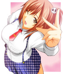 Rule 34 | 1girl, dead or alive, from above, honoka (doa), kettsu, looking at viewer, necktie, one eye closed, open mouth, pleated skirt, red necktie, short necktie, skirt, solo, suspender skirt, suspenders, unmoving pattern