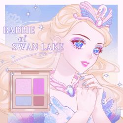 Rule 34 | 1girl, barbie (character), barbie (franchise), barbie movies, barbie of swan lake, blonde hair, blue eyes, blue nails, dress, eyeshadow, gem, highres, jewelry, makeup, nail polish, necklace, odette (barbie), odette (swan lake), okitafuji, palette (object), pink lips, solo, sparkle, swan lake, tiara, upper body