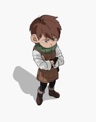 Rule 34 | 1boy, armor, black eyes, black gloves, boots, brown footwear, brown hair, chilchuck tims, closed mouth, crossed arms, dungeon meshi, fingerless gloves, full body, gloves, grey background, halfling, highres, leather armor, long sleeves, male focus, neck warmer, shadow, shirt, simple background, sketch, solo, standing, wahootarou, white shirt