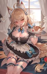 Rule 34 | 1girl, absurdres, ahoge, animal ears, bell, blonde hair, blurry, blurry background, bow, breasts, cake, cameltoe, cat ears, cat o-ring, cat tail, center frills, cleavage, clothes lift, collarbone, detached collar, dress, fang, food, frilled dress, frills, hair bow, highres, holding, holding tray, indoors, long hair, maid, maid headdress, medium breasts, neck bell, o-ring, o-ring thigh strap, open mouth, orange eyes, original, panties, pantyshot, puffy short sleeves, puffy sleeves, short sleeves, sitting, skirt, skirt lift, slit pupils, smile, solo, square neckline, swept bangs, tail, thigh gap, thigh strap, tongue, tongue out, tray, underwear, very long hair, zerocat
