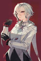 Rule 34 | 1girl, absurdres, arlecchino (genshin impact), black eyes, black gloves, breasts, genshin impact, gloves, grey hair, highres, jacket, long sleeves, looking at viewer, medium breasts, red background, short hair, simple background, solo, upper body, white jacket, yutou (yutou75)