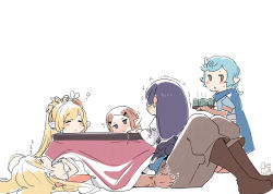 Rule 34 | 1boy, ahoge, blonde hair, blue eyes, blue hair, blush, boots, cape, character request, commentary request, gloves, granblue fantasy, harvin, kotatsu, long hair, lying, mahira (granblue fantasy), melissabelle, milleore, multiple girls, pillow, pointy ears, purple eyes, purple hair, rkrk, short hair, simple background, sitting, sleeping, strap slip, table, thumbs up, trembling, under kotatsu, under table, white background, zzz