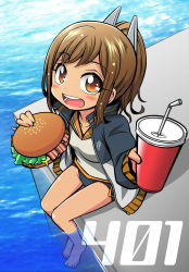 Rule 34 | 10s, 1girl, bacon, blush, brown eyes, brown hair, cheese, cup, drink, drinking straw, emu (toran), food, burger, headgear, highres, i-401 (kancolle), jacket, kantai collection, lettuce, looking at viewer, one-piece swimsuit, open mouth, partially submerged, personification, ponytail, sailor collar, school swimsuit, school uniform, short hair, short ponytail, sitting, smile, solo, swimsuit, swimsuit under clothes, tan, water