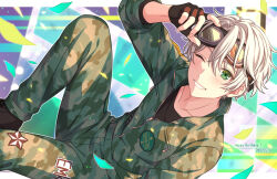 Rule 34 | 1boy, adjusting eyewear, black footwear, black gloves, black shirt, camouflage, commentary request, dated, feet out of frame, fingerless gloves, gloves, goggles, goggles on head, green background, green eyes, green jumpsuit, happy birthday, highres, hinase midori, jumpsuit, knee up, letterboxed, male focus, multicolored background, on air!, sekina, shirt, short hair, solo, white hair